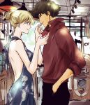  1boy 1girl absurdres back blonde_hair blue_dress breasts cigarette cigarette_pack couple cowboy_bebop dress highres julia_(cowboy_bebop) lipstick makeup red_shirt shirt smile spike_spiegel standing tobalin 