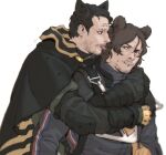  2boys animal_ears bear_ears black_cape black_gloves black_hair black_jacket brown_hair cape couple death_stranding facial_hair gloves hamms_hamss higgs_(death_stranding) highres hood hooded_cape hug hug_from_behind jacket looking_at_another male_focus multiple_boys sam_porter_bridges short_hair simple_background tongue tongue_out two-tone_cape white_background yaoi yellow_cape 