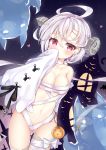  absurdres ahoge ass_visible_through_thighs azur_lane bandages bangs blush bolt bow breasts cameltoe choker cleavage collarbone commentary_request covered_mouth detached_sleeves eyebrows_visible_through_hair hair_between_eyes halloween heart highres jack-o'-lantern ju_(a793391187) long_sleeves looking_at_viewer medium_breasts naked_bandage navel red_eyes sleeves_past_fingers sleeves_past_wrists solo stitches terror_(azur_lane) white_bow white_choker white_hair white_sleeves 