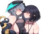  2girls absurdres aqua_eyes arknights black_gloves black_hair black_shirt blue_eyes breasts cleavage commentary_request commission elbow_gloves eunectes_(arknights) fingerless_gloves gloves grey_hair head_wings highres ho&#039;olheyak_(arknights) holding_hands huge_breasts intertwined_tails medium_hair multiple_girls pixiv_commission rikuguma shirt short_hair simple_background upper_body white_background wings yuri 