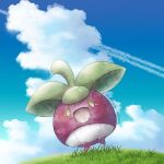  animal_focus artist_name blue_sky bounsweet cloud commentary_request food fruit leaf no_humans on_grass open_mouth pokemon pokemon_(creature) remedy_matome sky twitter_username yellow_eyes 