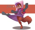  2018 ambiguous_gender angry anthro barefoot bottomless breast_grab breasts brown_eyes brown_fur canine clothed clothing dialogue disembodied_hand disney dress english_text female forced fox fur hand_on_breast hi_res maid_marian mammal open_mouth robin_hood_(disney) simple_background siroc text unseen_character 
