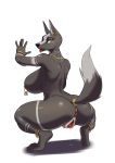  2018 5_fingers absurd_res amber_eyes anthro anubian_jackal anus areola big_breasts big_butt bracelet breasts butt canine cervina7_(artist) clitoris crouching ear_piercing female hi_res jackal jewelry looking_at_viewer looking_back mammal nipple_piercing nipples nude open_mouth piercing pussy pussy_juice rear_view simple_background solo sweat tailband thick_thighs tongue tongue_out urethra white_background 