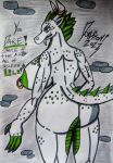 2023 anthro big_breasts big_butt breasts butt claws domizoni dragon female green_body green_claws green_scales hi_res horn nipple_piercing nipple_ring nipples piercing queen_lilith_(domizoni) ring_piercing scales solo text traditional_media_(artwork) white_body white_scales