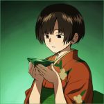  black_eyes black_hair brown_hair cup eyebrows_visible_through_hair gradient gradient_background green_background holding holding_cup japanese_clothes kimono looking_down mushishi obi open_mouth renzu_(mushishi) sakazuki sash short_hair solo yoko.u 