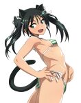  1girl animal_ears ass bikini blush breasts cat_ears cat_tail fang francesca_lucchini green_eyes green_hair hair_ribbon long_hair looking_at_viewer nanashino open_mouth ribbon side-tie_bikini_bottom simple_background small_breasts smile solo strike_witches striped striped_bikini swimsuit tail twintails white_background world_witches_series 