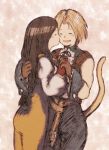  1girl black_hair blonde_hair bodysuit breasts commentary_request final_fantasy final_fantasy_ix garnet_til_alexandros_xvii gloves kiss long_hair low-tied_long_hair maekakekamen open_mouth orange_bodysuit smile tail zidane_tribal 