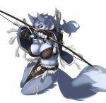  2018 5_fingers amber_eyes anthro archer arrow big_breasts blue_fur bow_(weapon) bra breasts canine cervina7_(artist) cleavage clothed clothing female fingerless_gloves fur gloves hi_res holding_object holding_weapon loincloth looking_at_viewer mammal mantle melee_weapon midriff multicolored_fur navel nipple_bulge quiver ranged_weapon scabbard sheathed_weapon simple_background solo sword two_tone_fur underwear weapon white_background white_fur wolf 