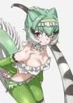  1girl bare_shoulders breasts brown_eyes chinese_water_dragon_(kemono_friends) collarbone commentary cutoffs detached_sleeves frilled_hairband frills gradient_hair green_hair grey_background hair_between_eyes hairband hand_on_own_hip highres kemono_friends lizard_tail long_sleeves looking_at_viewer medium_breasts micro_shorts midriff multicolored_hair navel shorts simple_background solo spiked_tail tail tanabe_(fueisei) white_hair 