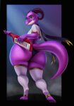 2023 anthro big_butt bottom_heavy briefs butt clothing digitigrade female hi_res horn huge_butt keyboard_instrument keytar kobold looking_at_viewer musical_instrument purple_body purple_scales rear_view reptile ronff scales scalie solo thick_thighs underwear yellow_eyes