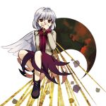 1girl black_footwear boots covering_mouth dress feathered_wings full_body grey_hair grey_jacket jacket kaigen_1025 kishin_sagume long_sleeves open_clothes open_jacket purple_dress red_eyes short_hair simple_background single_wing solo touhou white_background white_wings wings 