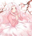 branch cherry_blossoms dress forehead hands_up highres long_hair looking_at_viewer original outdoors pink pink_dress red_eyes ronpu_cooing skirt smile solo sparkle standing white_hair white_skirt widow's_peak 