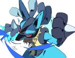 2022 absurd_res ambiguous_gender anthro blue_body blue_fur fur generation_4_pokemon hi_res looking_at_viewer lucario mammal narumi_hyou nintendo pokemon pokemon_(species) red_eyes signature simple_background solo spikes spikes_(anatomy) tail tan_body tan_fur tuft