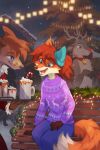 2023 2:3 anthro antlers bell bell_collar bench beverage blue_eyes boop candy candy_cane canid canine cheek_tuft clothed clothing collar deer dessert detailed_background digital_media_(artwork) facial_tuft food fox fully_clothed fur group hi_res horn lights mammal mug new_world_deer open_mouth open_smile orange_body orange_fur outside reindeer reysi signature sitting smile tuft