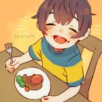  1boy black_hair blush chair closed_eyes facing_viewer food food_on_face fork hamburger_steak happy holding holding_fork male_focus mother_(game) mother_2 ness_(mother_2) open_mouth orange_background plate shifumame shirt short_hair short_sleeves solo striped striped_shirt table translation_request 