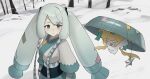  1girl blue_eyes blush breasts closed_eyes grey_hair grey_kimono hat hatsune_miku highres japanese_clothes jirachi kimono large_breasts long_hair open_mouth outdoors pokemon project_voltage shedar snow steel_miku_(project_voltage) twintails upper_body vocaloid 