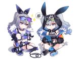  2girls :t absurdres animal_hood barcode barcode_tattoo bare_shoulders black_gloves bronya_zaychik bronya_zaychik_(haxxor_bunny) choker crossed_legs deformed drill_hair drill_ponytail eyewear_on_head fingerless_gloves gloves grey_eyes grey_hair grin handheld_game_console highres holding holding_handheld_game_console honkai:_star_rail honkai_(series) honkai_impact_3rd hood multiple_girls on_floor playing_games pout rabbit_hood shoes silver_wolf_(honkai:_star_rail) simple_background smile sneakers sparkle spoken_squiggle squiggle tattoo twin_drills white_background xtacy 