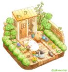  bear bird black_eyes blue_bow blue_neckwear blush bow bowtie bucket door flower gardening isometric looking_at_another looking_away mole_(animal) no_humans original outdoors penguin red_bow red_neckwear shed shovel st.kuma stool tree trowel twitter_username watering watering_can 
