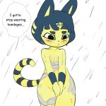  animal_crossing ankha_(animal_crossing) bandage blush clothing covering covering_crotch embarrassed feline female itsunknownanon looking_down mammal nintendo raining solo text thought_bubble video_games 