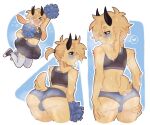 &lt;3 2022 anthro balls_outline blush bodily_fluids bottomwear bovid bulge butt caprine cheerleader clothing gaydotpng genital_outline girly goat horn jumping lace_(lacethecutegoat) looking_at_viewer male mammal navel open_mouth pom_poms rear_view skirt smile solo speech_bubble standing sweat