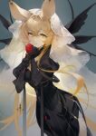  1girl absurdres animal_ears arknights black_dress black_gloves blonde_hair breasts chinese_commentary cleavage_cutout clothing_cutout commentary_request dorothy_(arknights) dorothy_(hand_of_destiny)_(arknights) dress flower gloves head_wings headpiece highres holding holding_flower leaning_forward long_hair looking_at_viewer medium_breasts mouse_ears mouse_girl red_flower red_rose rose smile solo veil very_long_hair white_veil wings woodylixx yellow_eyes 