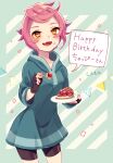  1girl bike_shorts black_gloves black_shorts blue_dress blush dot_nose dress fang fingerless_gloves food food_on_face gloves happy_birthday highres hooded_dress kumatora mother_(game) mother_3 open_mouth pink_hair plate shifumame short_hair shorts solo speech_bubble translation_request yellow_eyes 