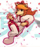 5_fingers anthro asian_clothing boots bow_ribbon breasts canid canine ceroba_(undertale_yellow) cherry_blossom clothing east_asian_clothing female fingers footwear fox hair japanese_clothing japanese_text jumping kimono long_hair looking_at_viewer mammal petals plant red_hair seezee smile solo text undertale_(series) undertale_yellow wind