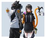  1girl absurdres barcode black_hair coffee_cup cup cyberpunk cyborg disposable_cup doughnut eating eyepatch food helmet highres kasagarasu mechanical_arm mechanical_tail orange_eyes original pastry_box prosthesis short_hair_with_long_locks simple_background sumi_elias tail tail_hold 