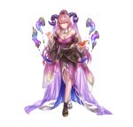  1girl absurdres anbe_yoshirou blush breasts cleavage curled_horns fire_emblem fire_emblem_heroes floating floating_object frilled_sleeves frills fur_trim gloves goat_horns hair_ornament highres horns large_breasts long_hair looking_at_viewer multicolored_hair nerthuz_(fire_emblem) nerthuz_(new_year)_(fire_emblem) official_art origami paper_crane pink_hair ponytail purple_eyes solo two-tone_hair very_long_hair 