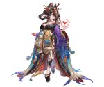  1girl black_hair breasts cleavage full_body geisha granblue_fantasy hair_ornament headdress horns japanese_clothes kanzashi kimono large_breasts multicolored_hair nihongami obi origami pointy_ears sash side_slit simple_background smile solo streaked_hair utsusemi_(granblue_fantasy) 