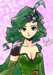  breasts cape cleavage commentary_request dress earrings final_fantasy final_fantasy_iv green_eyes green_hair hair_ornament jewelry long_hair looking_at_viewer older rydia solo yadoso 