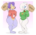 absurd_res anthro bottomless buckteeth christmas clothed clothing duo female fur hammer hi_res holidays huge_thighs lagomorph leporid mammal multicolored_body multicolored_fur purple_body purple_fur rabbit smile tan_body tan_fur teeth thick_thighs tools two_tone_body two_tone_fur usnarbit white_body white_fur