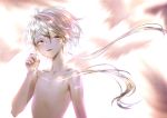  absurdres androgynous colored_eyelashes commentary_request crystal_hair ghost_quartz_(houseki_no_kuni) hand_in_hair highres houseki_no_kuni looking_at_viewer nude short_hair_with_long_locks silver_eyes silver_hair smile solo upper_body white_eyes white_hair 