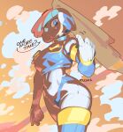  1girl andorlier armor blue_armor blue_eyes blue_helmet breasts commentary_request cowboy_shot english_text fairy_leviathan_(mega_man) forehead_jewel helmet mega_man_(series) mega_man_zero_(series) solo 