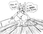 2018 3_toes anthro bedding belly black_and_white blanket breasts cleaver_(weapon) creepy dialogue eyelashes feet female genitals hi_res horn imminent_sex kobold looking_at_viewer makkha_(totalgary) melee_weapon monochrome nipple_piercing nipples non-mammal_breasts nude piercing pussy scales scalie short_stack slightly_chubby solo toes totalgary weapon