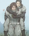  2boys black_gloves blue_eyes boots brown_hair carrying carrying_person closed_mouth couple day death_stranding facial_hair gloves grey_hair hamms_hamss higgs_(death_stranding) highres looking_at_another male_focus multiple_boys one_eye_closed outdoors sam_porter_bridges short_hair spacesuit worm yaoi 