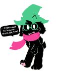  2018 anthro balls black_fur blush caprine clothed clothing cub deltarune dialogue digital_media_(artwork) eyewear fur glasses goat hat looking_at_viewer male mammal oob open_mouth penis ralsei scarf simple_background smile solo standing toony uncut video_games white_background young 