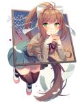  1girl black_thighhighs blue_skirt blush bow brown_hair closed_mouth commentary_request copyright_name doki_doki_literature_club feathers green_eyes grey_jacket highres interlocked_fingers jacket long_hair looking_at_viewer mary_janes mechanical_pencil monika_(doki_doki_literature_club) paper pencil red_ribbon ribbon shifumame shoes skirt smile solo thighhighs very_long_hair white_bow white_feathers white_footwear zettai_ryouiki 