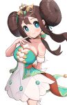  1girl absurdres aqua_dress armlet blue_eyes breasts brown_hair double_bun doughnut_hair_bun dress gonzarez hair_bun highres large_breasts light_blush long_hair looking_at_viewer multicolored_clothes multicolored_dress official_alternate_costume orange_dress pokemon pokemon_masters_ex rosa_(champion)_(pokemon) rosa_(pokemon) simple_background smile solo strapless strapless_dress tiara twintails white_background white_dress 