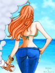  1girl areolae armpits ass bangs bare_arms bare_shoulders blush bracelet breasts brown_eyes butt_crack curvy hips holding holding_weapon jewelry long_hair nami_(one_piece) one_piece open_mouth orange_hair pose pubic_tattoo simple_background slender_waist solo standing tattoo weapon wide_hips 