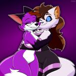 anthro canid canine domestic_cat duo embrace eyewear felid feline felis female female/female fighter_outfit fox glasses hi_res hug mammal miharu_(krystalvixon) mileena_smith_(travis_the_dragon) travis_the_dragon wholesome
