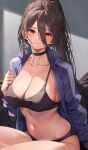  1girl amagimei black_choker black_hair black_sports_bra blue_archive blue_jacket blush breasts choker cleavage closed_mouth collarbone hair_between_eyes hasumi_(blue_archive) hasumi_(track)_(blue_archive) highres jacket large_breasts long_hair long_sleeves navel official_alternate_costume open_clothes open_jacket ponytail red_eyes smile solo sports_bra stomach thighs unzipped wings 