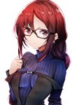  1girl :&lt; bangs black-framed_eyewear black_dress blue_dress braid breasts brown_eyes brown_hair closed_mouth commentary_request consort_yu_(fate) dress ear_piercing earrings eyebrows_visible_through_hair fate/grand_order fate_(series) glasses hair_between_eyes hand_up highres jewelry long_hair long_sleeves looking_at_viewer low_ponytail medium_breasts nanakusa_amane piercing ribbed_dress sidelocks simple_background single_braid solo strapless strapless_dress upper_body white_background 