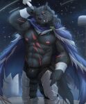 abs anthro armpit_hair blaidd_(elden_ring) body_hair bulge canid canine canis cape clothing colored elden_ring fromsoftware front_view fur grey_body grey_fur hi_res looking_at_viewer male mammal melee_weapon muscular muscular_anthro muscular_male night pecs pubes scar serenaught shirtless simple_background sky solo standing sword weapon wolf