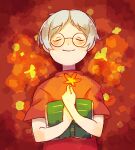  1boy book closed_eyes closed_mouth facing_viewer freckles grey_hair holding holding_leaf leaf lloyd_(mother) lying male_focus mother_(game) mother_1 on_back open_book red_background red_shirt round_eyewear shifumame shirt short_hair short_sleeves smile solo 
