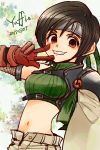  breasts brown_hair commentary_request final_fantasy final_fantasy_vii gloves headband highres looking_at_viewer midriff ninja open_fly open_mouth short_hair shorts sleeveless sleeveless_turtleneck smile solo turtleneck unzipped yadoso yuffie_kisaragi 