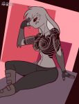 anthro black_sclera body_art boots breasts chest_tattoo clothed clothing diamond_(fours) female fingerless_gloves footwear fours_(artist) freckles gloves handwear hi_res lagomorph leporid looking_at_viewer mammal monochrome rabbit red_eyes sitting solo spats tattoo topless