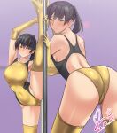  1girl absurdres amagami ass black_hair blush boots breasts commission competition_swimsuit covered_navel dated elbow_gloves gloves highleg highres large_breasts long_hair looking_at_viewer looking_back one-piece_swimsuit pixiv_commission pole_dancing ponytail signature solo split standing standing_on_one_leg standing_split sweatdrop swimsuit thigh_boots tsukahara_hibiki yoo_tenchi 
