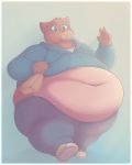  anthro belly belly_overhang big_belly burger cat clothed clothing eating feline food footwear fur holding_object hoodie male mammal midriff navel obese overweight saltypantz shoes solo thick_thighs walking 