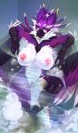 absurd_res allatir anthro areola avian bath bathtub beak belly biped breasts bubble claws digital_media_(artwork) feathered_wings feathers female genitals gryphon hi_res looking_at_viewer morgan_(theoreodemon) mythological_avian mythology nipples nude paws plumage purple_body purple_feathers pussy scales solo tail white_belly wings